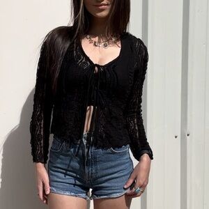 Black Lace Tie-Front Top